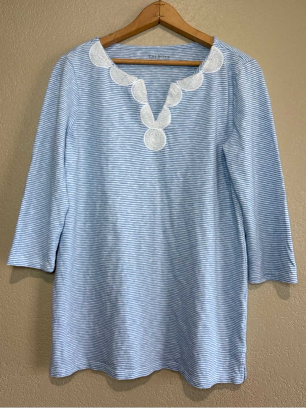 Light Blue Striped Tunic with White Beaded Neckline